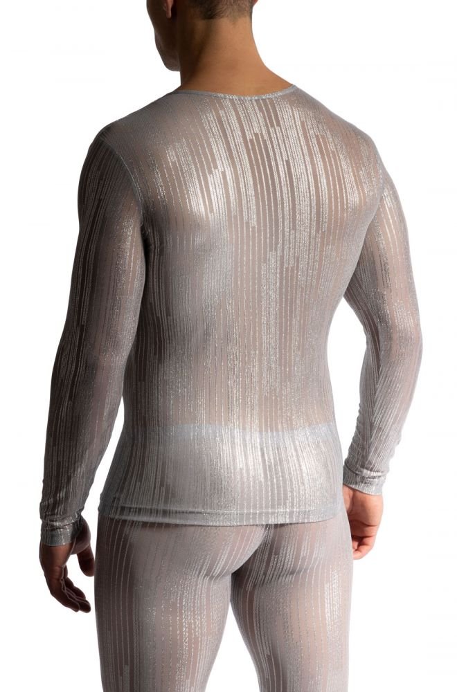 Long Sleeves M2464 – transparentes Langarmshirt aus Tüll mit Silber-Glitzerstreifen - MANSTORE - Shop Deutschland Noodosz