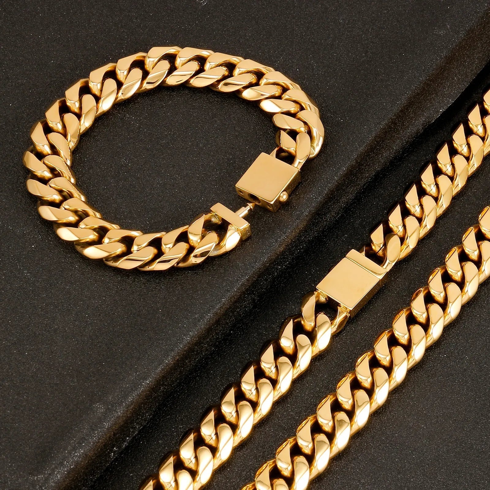 16mm Goldene Miami Curb Cuban Link Kette aus 316L - Edelstahl - Hip Hop Halskette - NiZED - Shop Deutschland Noodosz