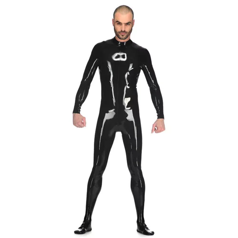 Schwarzer Herren Latex Catsuit mit Rückenreißverschluss & integrierten Fußteilen - FlowNight - Shop Deutschland Noodosz