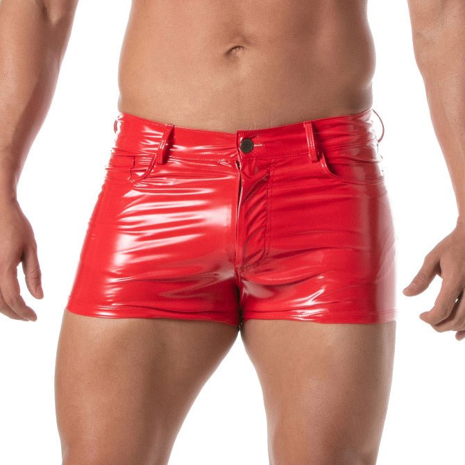 Rote Vinyl - Shorts mit 5 Taschen, oberschenkelhoch – provokante Clubwear und Fetish Wear, Designer Underwear. Pariser Handwerkskunst, die die maskuline Silhouette betont. - TOF Paris - Shop Deutschland Noodosz