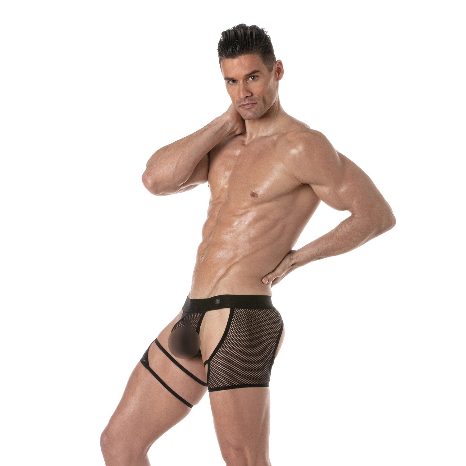 Circuit Chaps aus transparentem Mesh – Tanga, Schwarz