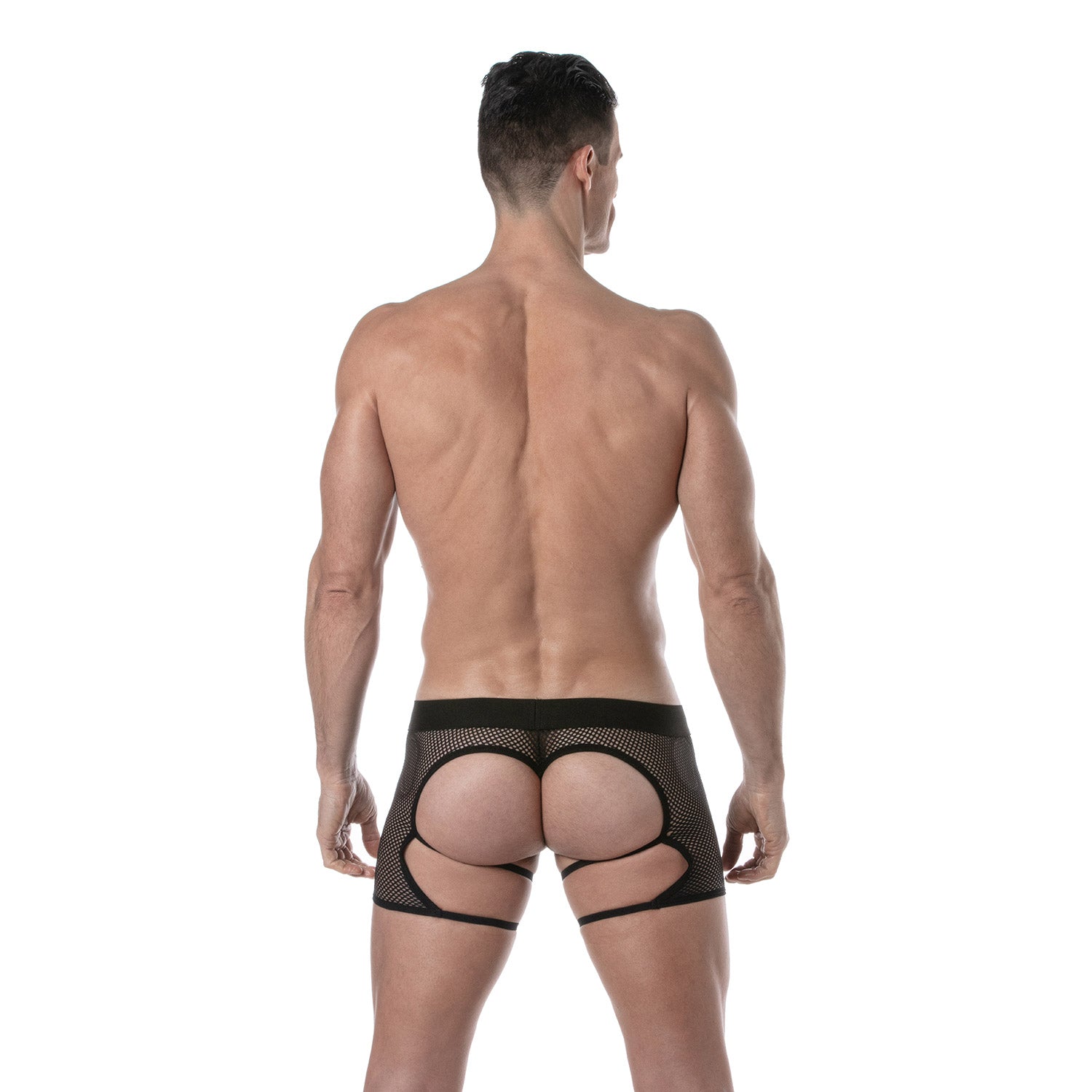 Circuit Chaps aus transparentem Mesh – Tanga, Schwarz