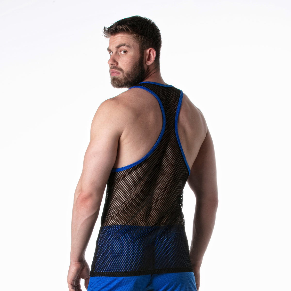 Schwarzes Tanktop aus Netzstoff mit blauen Details – 1