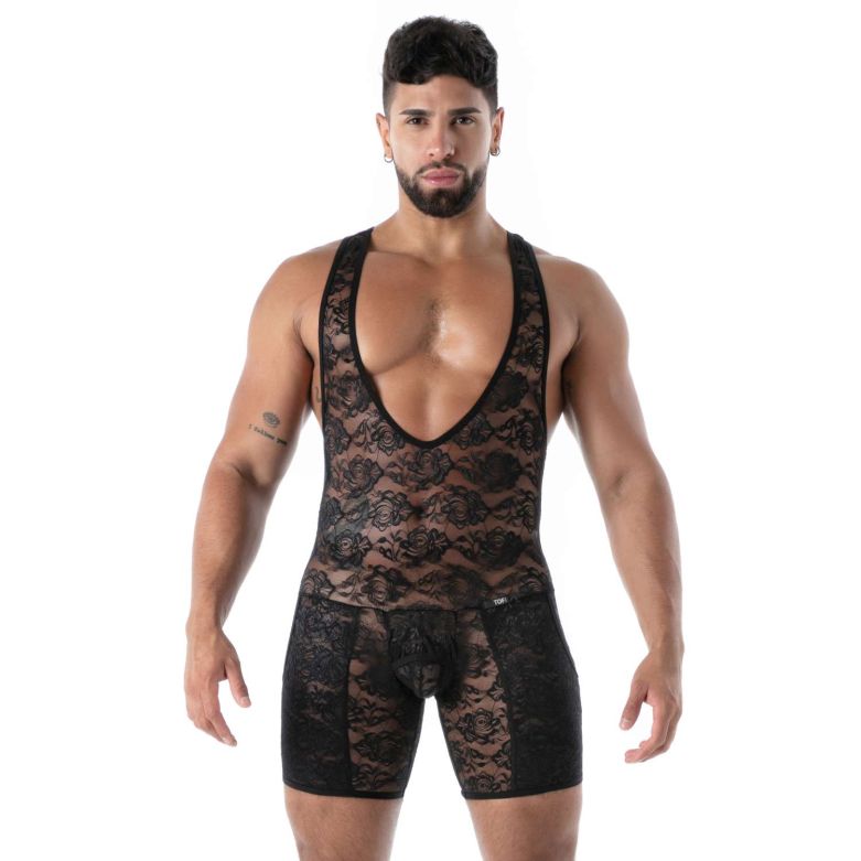 Fluid - Spitze Wrestling - Body mit Tasche und offenem Schritt – Schwarz - TOF Paris - Shop Deutschland Noodosz