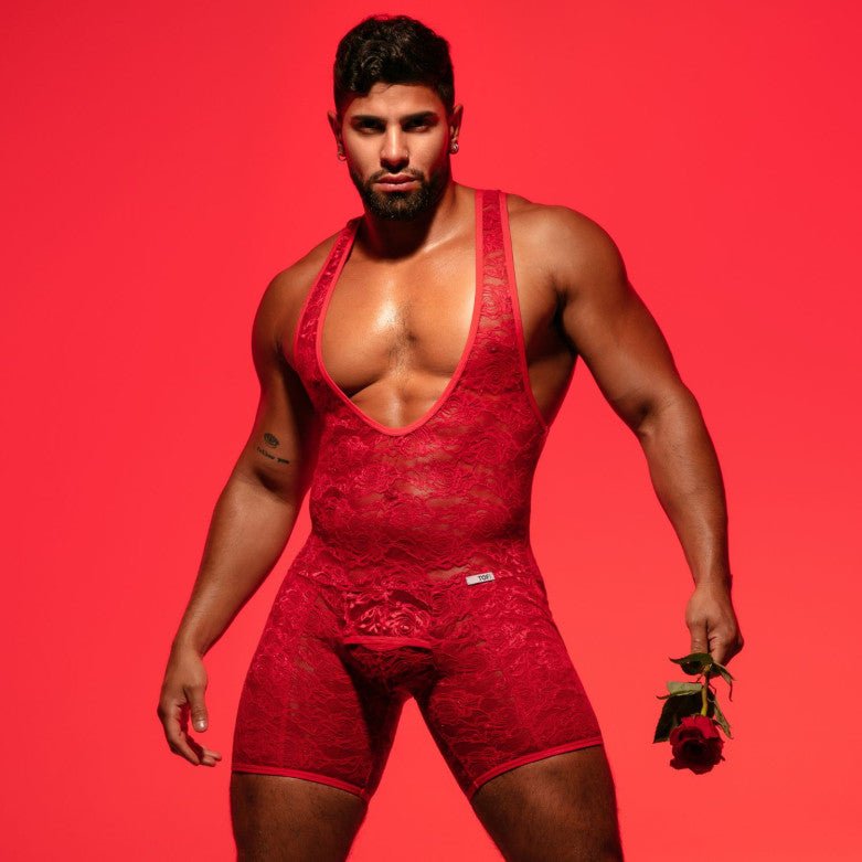Fluid - Spitzen - Body im Wrestling - Stil mit offener Tasche – Rot - TOF Paris - Shop Deutschland Noodosz