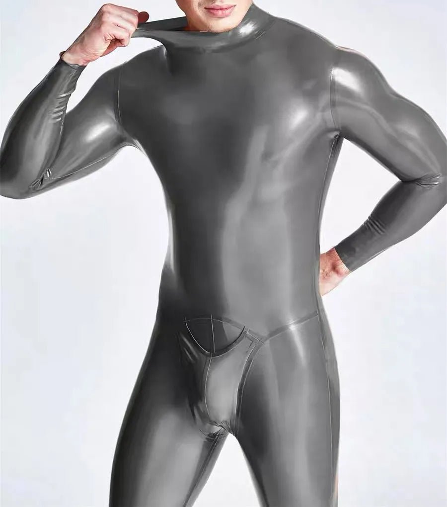Herren Latex Catsuit mit Halseinstieg & 3D - Pouch – silberner Gummi Bodysuit - FlowNight - Shop Deutschland Noodosz