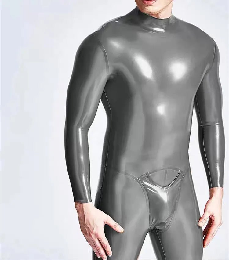 Herren Latex Catsuit mit Halseinstieg & 3D - Pouch – silberner Gummi Bodysuit - FlowNight - Shop Deutschland Noodosz