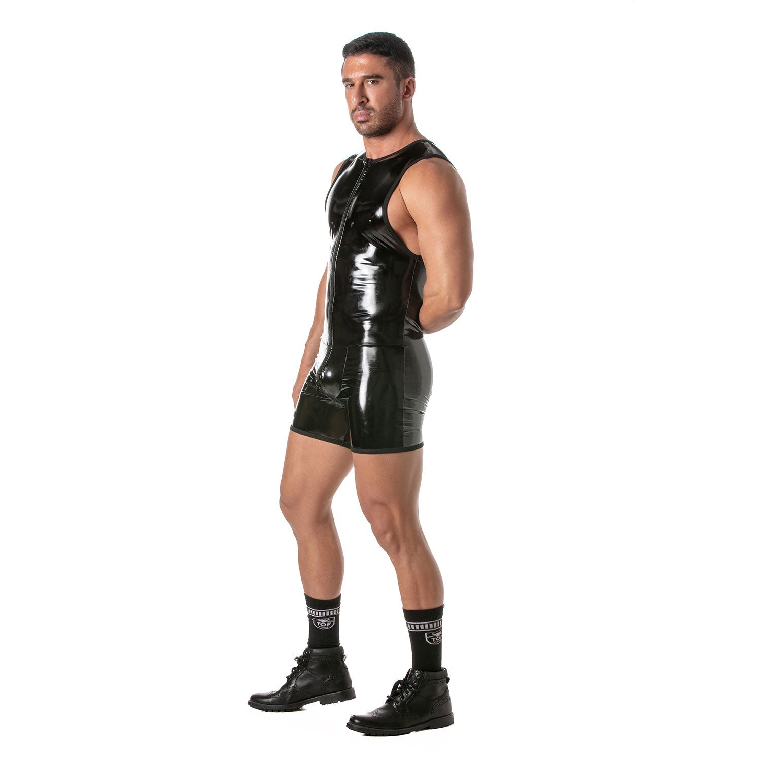 Provokanter Vinyl - Body mit durchgehendem Frontreißverschluss – setzt die maskuline Silhouette perfekt in Szene. Pariser Handwerkskunst, Fetish Wear. - TOF Paris - Shop Deutschland Noodosz