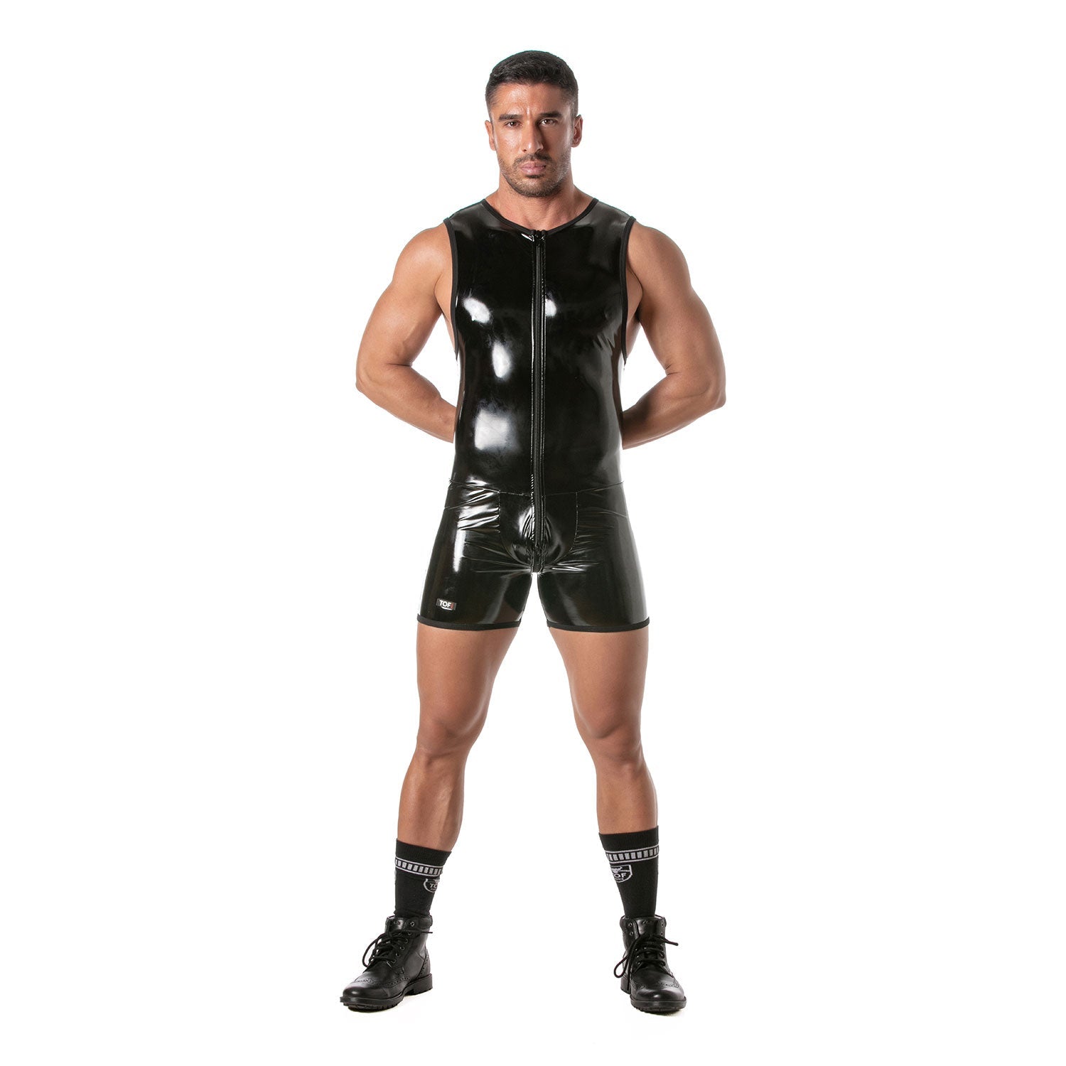 Provokanter Vinyl - Body mit durchgehendem Frontreißverschluss – setzt die maskuline Silhouette perfekt in Szene. Pariser Handwerkskunst, Fetish Wear. - TOF Paris - Shop Deutschland Noodosz