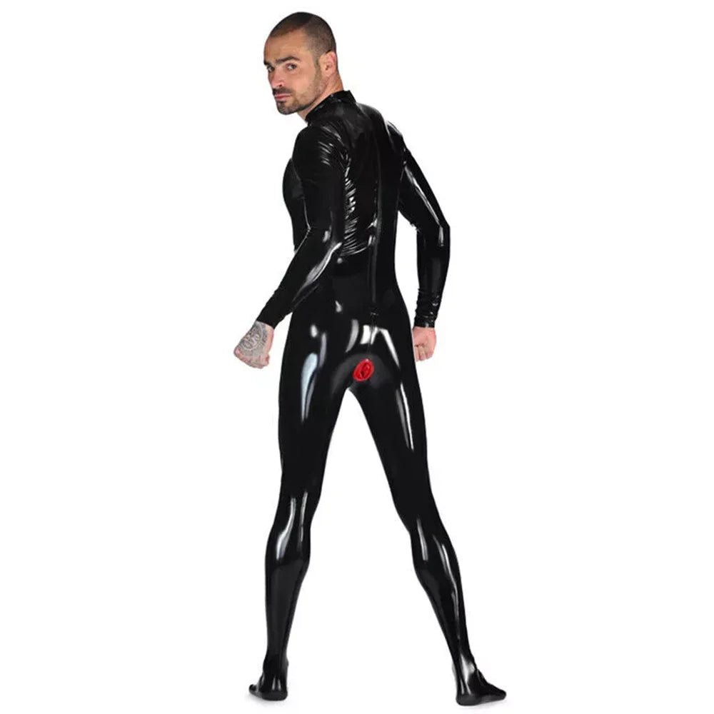 Schwarzer Herren Latex Catsuit mit Rückenreißverschluss & integrierten Fußteilen - FlowNight - Shop Deutschland Noodosz